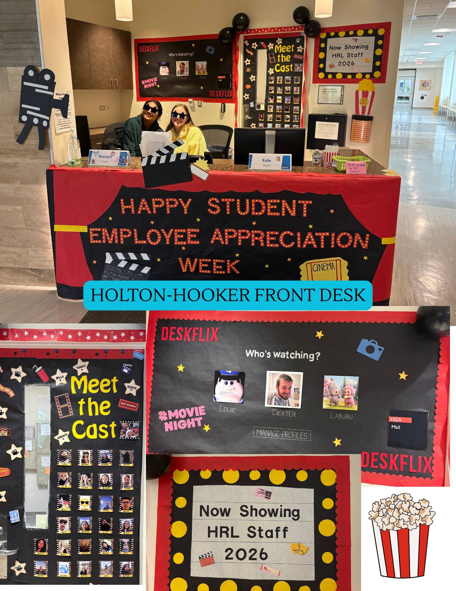 "Happy Student Employee Appreciation Week" on front desk. Move themed decorations surrounding desk including netflix screen, film reels, black balloons, popcorn buckets and a "meet the cast" wall with pictures of all their student employees